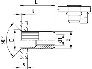 Blind rivet nut open with countersunk head